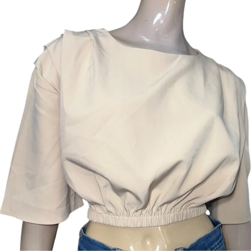Rivir Women’s Size M Tan Nude Dolman Sleeve Elastic Cropped Shirt Blouse